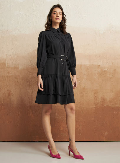 Solid Long Sleeves Tiered Dress with Collar and Buckle Belt Detail