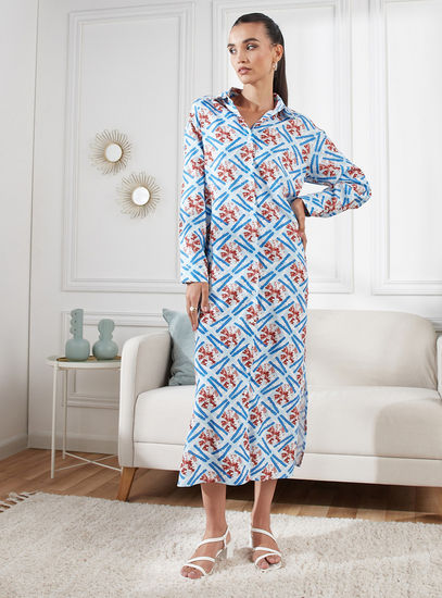 All Over Print Long Sleeves Shirt Dress with Collar and Slit Detail