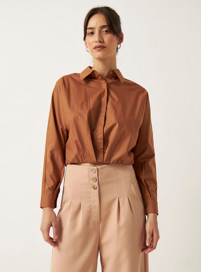 Solid Long Sleeves Crop Shirt with Collar and Button Closure
