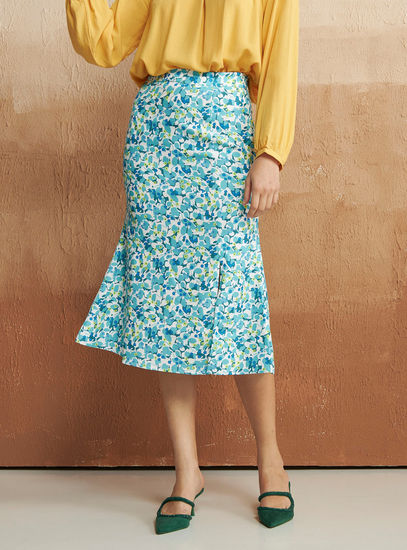 All Over Floral Print Midi Skirt with Elasticated Waistband and Slit Detail-Midi-image-0