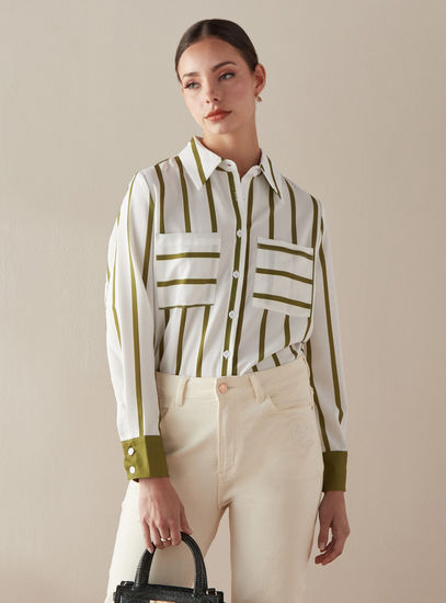 Striped Shirt with Spread Collar and Chest Pockets