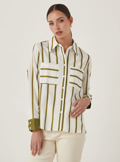 Striped Shirt with Spread Collar and Chest Pockets