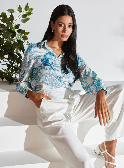 All Over Printed Shirt with Spread Collar and Long Sleeves
