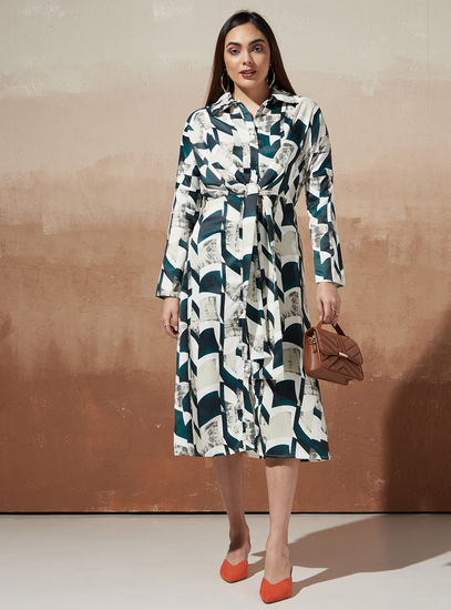 Printed Shirt Dress with Collar and Tie-Ups