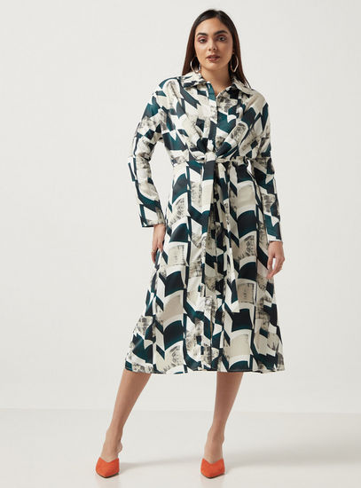 Printed Shirt Dress with Collar and Tie-Ups