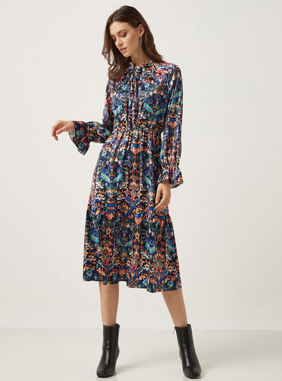 All Over Printed Midi Dress with Tie-Ups and Long Sleeves