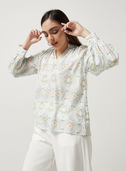 All Over Print Top with Long Sleeves and Ruffles