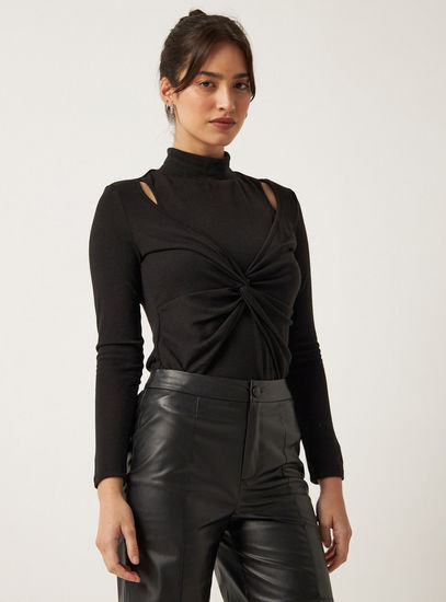 Solid Polo Neck Top with Knot and Cutout Detail