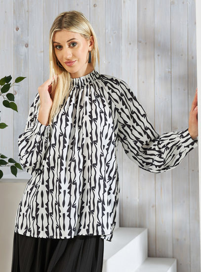 All-Over Print High Neck Top with Long Sleeves and Belt