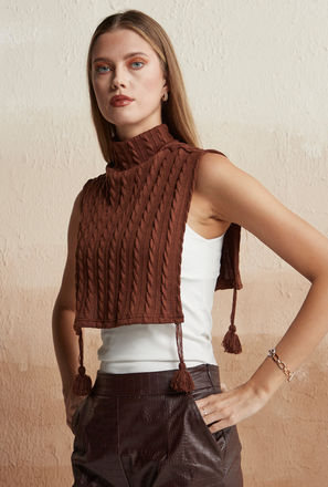 Textured Sleeveless Sweater Vest with High Neck and Tassel Detail
