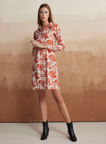 All Over Print Shirt Dress with Long Sleeves and Button Closure