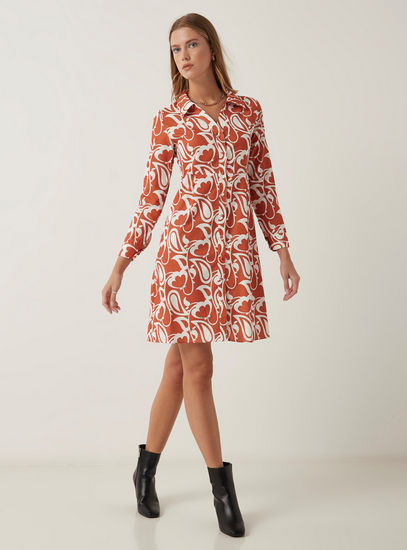 All Over Print Shirt Dress with Long Sleeves and Button Closure-Knee-image-1