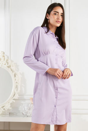 Solid Shirt Dress with Long Sleeves and Button Closure