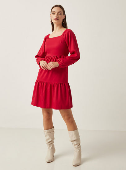 Solid Square Neck Dress with Long Sleeves