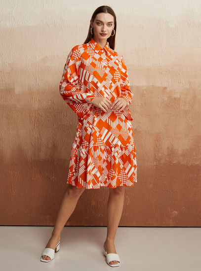 All-Over Print Shirt Dress with Flounce Hem and Long Sleeves