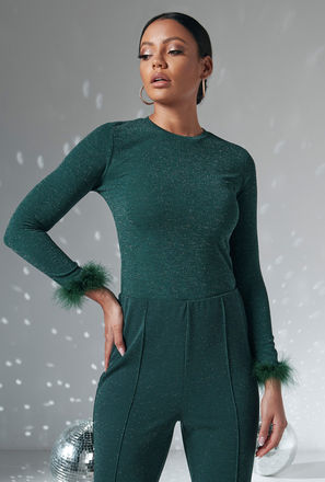 Textured Round Neck Top with Long Sleeves and Feather Detail