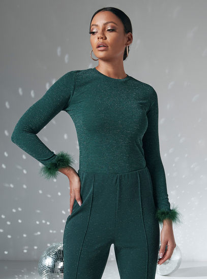Textured Round Neck Top with Long Sleeves and Feather Detail-Blouses-image-0