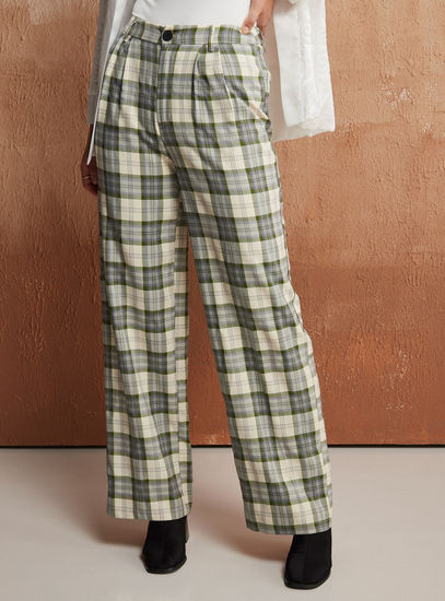 Checked Mid-Rise Pant with Button Closure and Belt Loop