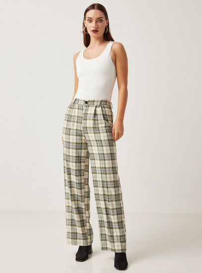 Checked Mid-Rise Pant with Button Closure and Belt Loop