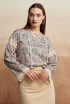 All-Over Print Long Sleeve Top with Tie-Ups and Lace Detail