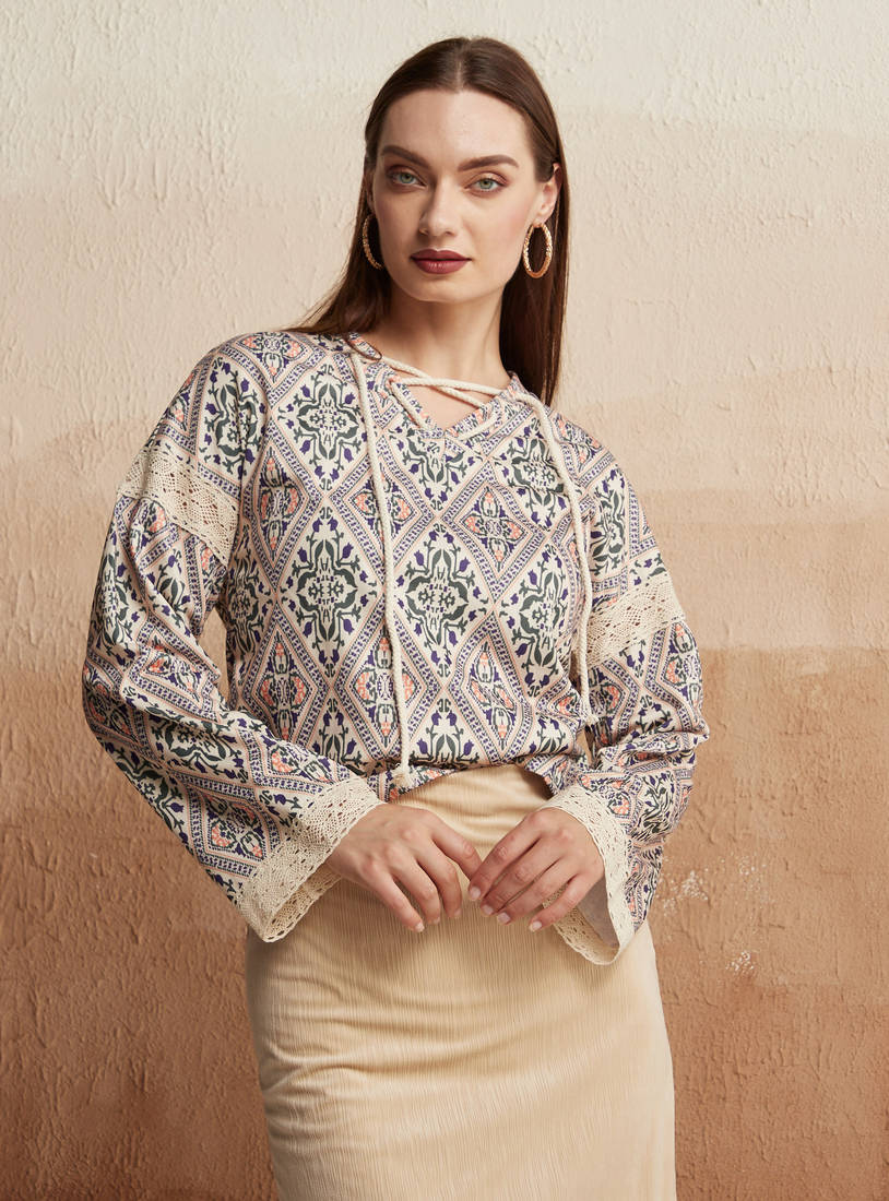 All-Over Print Long Sleeve Top with Tie-Ups and Lace Detail-Blouses-image-0