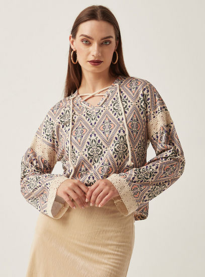 All-Over Print Long Sleeve Top with Tie-Ups and Lace Detail