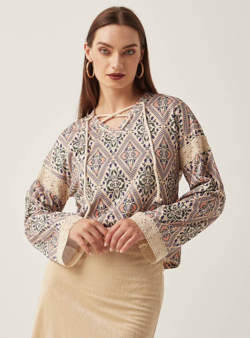 All-Over Print Long Sleeve Top with Tie-Ups and Lace Detail-Blouses-image-1