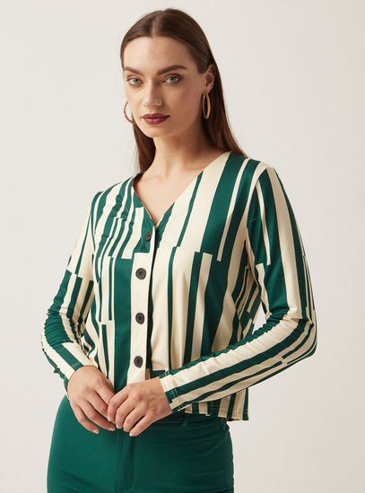 All-Over Striped V-neck Top with Long Sleeves and Button Closure