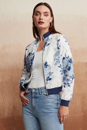 All Over Floral Print Long Sleeves Jacket with Zip Closure