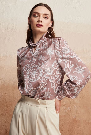 All Over Print Top with Long Sleeves and Knot Detail
