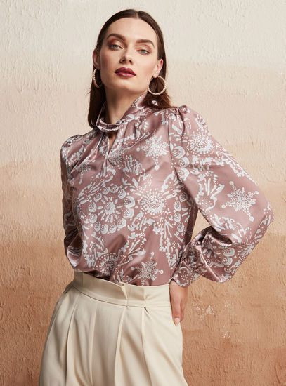 All Over Print Top with Long Sleeves and Knot Detail