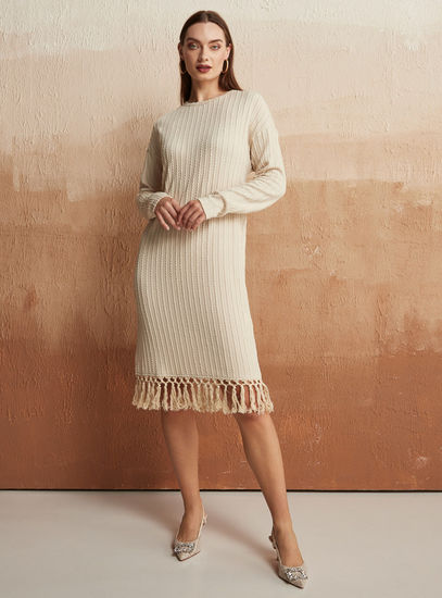 Textured Knee Length Shift Dress with Long Sleeves and Fringe Detail