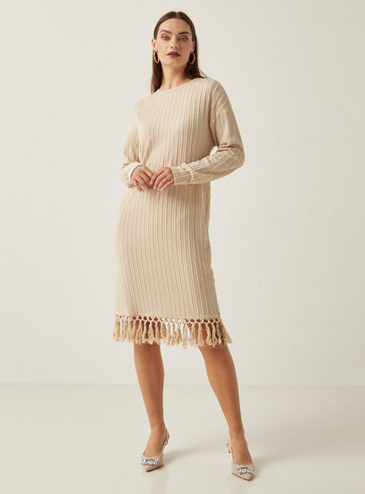 Textured Knee Length Shift Dress with Long Sleeves and Fringe Detail