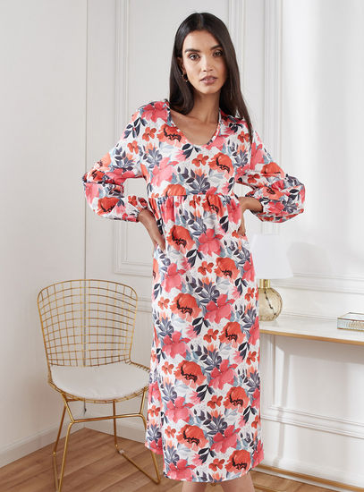 All-Over Floral Print Midi Dress with V-neck and Long Sleeves