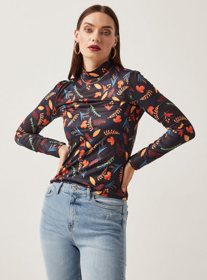 All Over Floral Print High Neck Top with Long Sleeves