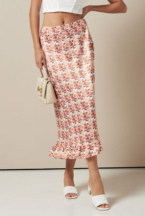 All-Over Floral Print Midi Skirt with Ruffles