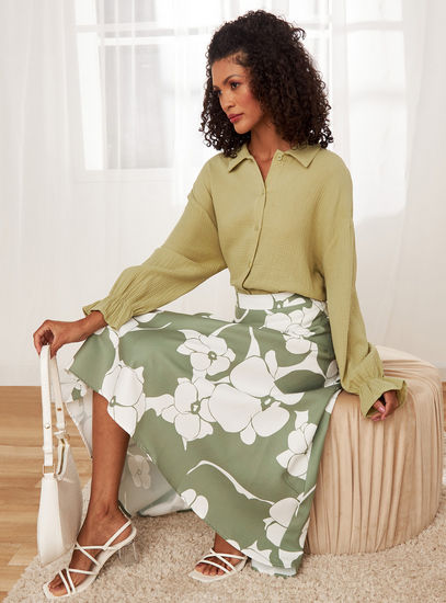 All-Over Floral Print Midi Skirt with Asymmetrical Hem-Midi-image-1
