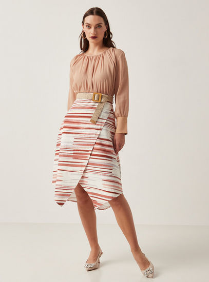 Striped Midi Skirt with Asymmetric Hem and Belt