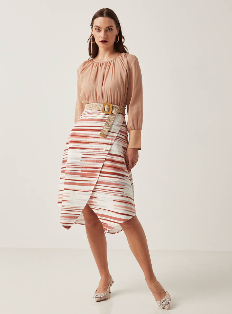 Striped Midi Skirt with Asymmetric Hem and Belt-Midi-image-1