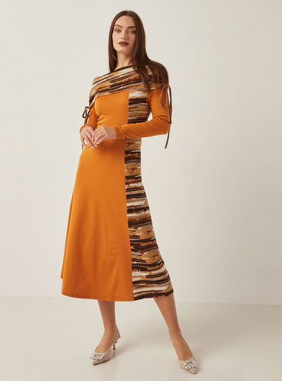 Panelled Off Shoulder Midi Dress with Long Sleeves