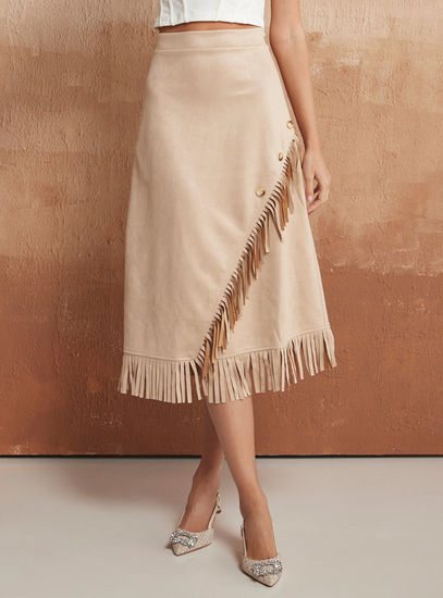 Fringe Detail Skirt with Asymmetric Hem and Button Accents-Midi-image-0