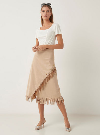 Fringe Detail Skirt with Asymmetric Hem and Button Accents-Midi-image-1