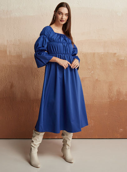 Solid Midi Dress with Shirred Detail and Bell Sleeves