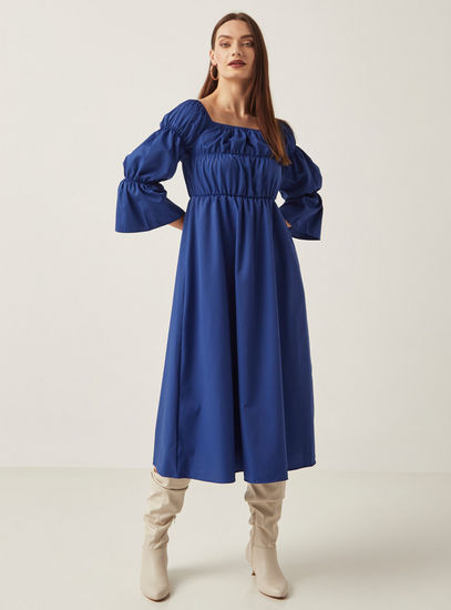 Solid Midi Dress with Shirred Detail and Bell Sleeves