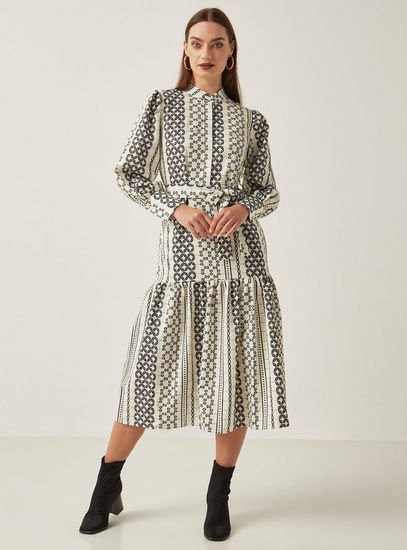 All-Over Print Midi Dress with Tie-Up Belt and Long Sleeves