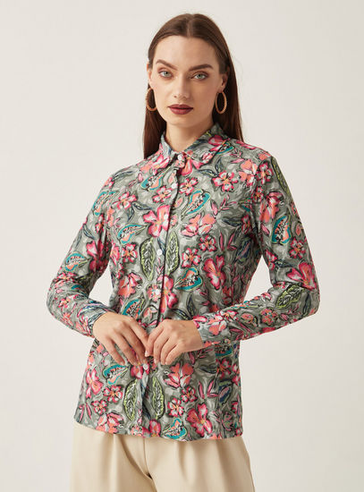 All-Over Floral Print Shirt with Long Sleeves and Button Closure