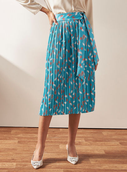 All Over Floral Print Pleated Midi Skirt with Belt Tie-Ups-Midi-image-0