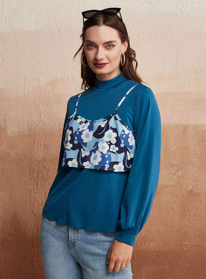 High Neck Top with Long Sleeves and Floral Print Overlay