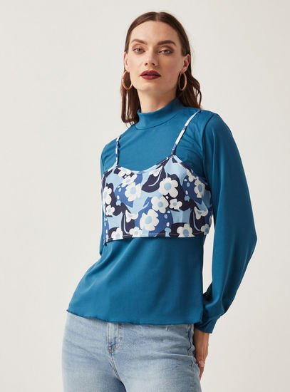 High Neck Top with Long Sleeves and Floral Print Overlay