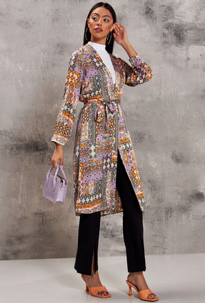 All-Over Printed Longline Shrug with Long Sleeves and Tie-Up Belt